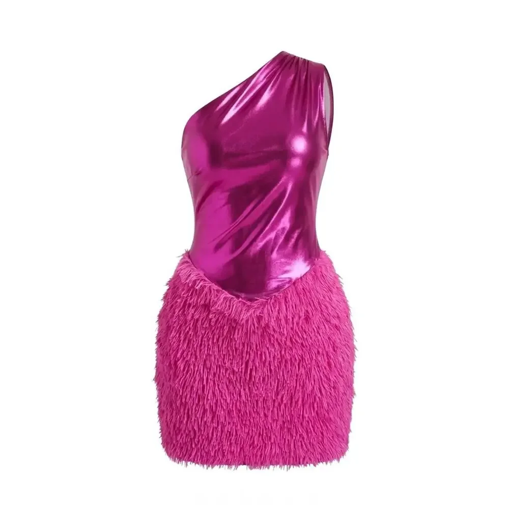 One Shoulder Metallic Feather Hem Cocktail Party Mini Dress Fuchsia Pink Size XS